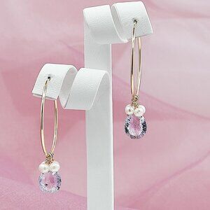 Pink Amethyst & Pearl Hoop Earrings, 14K Gold Filled